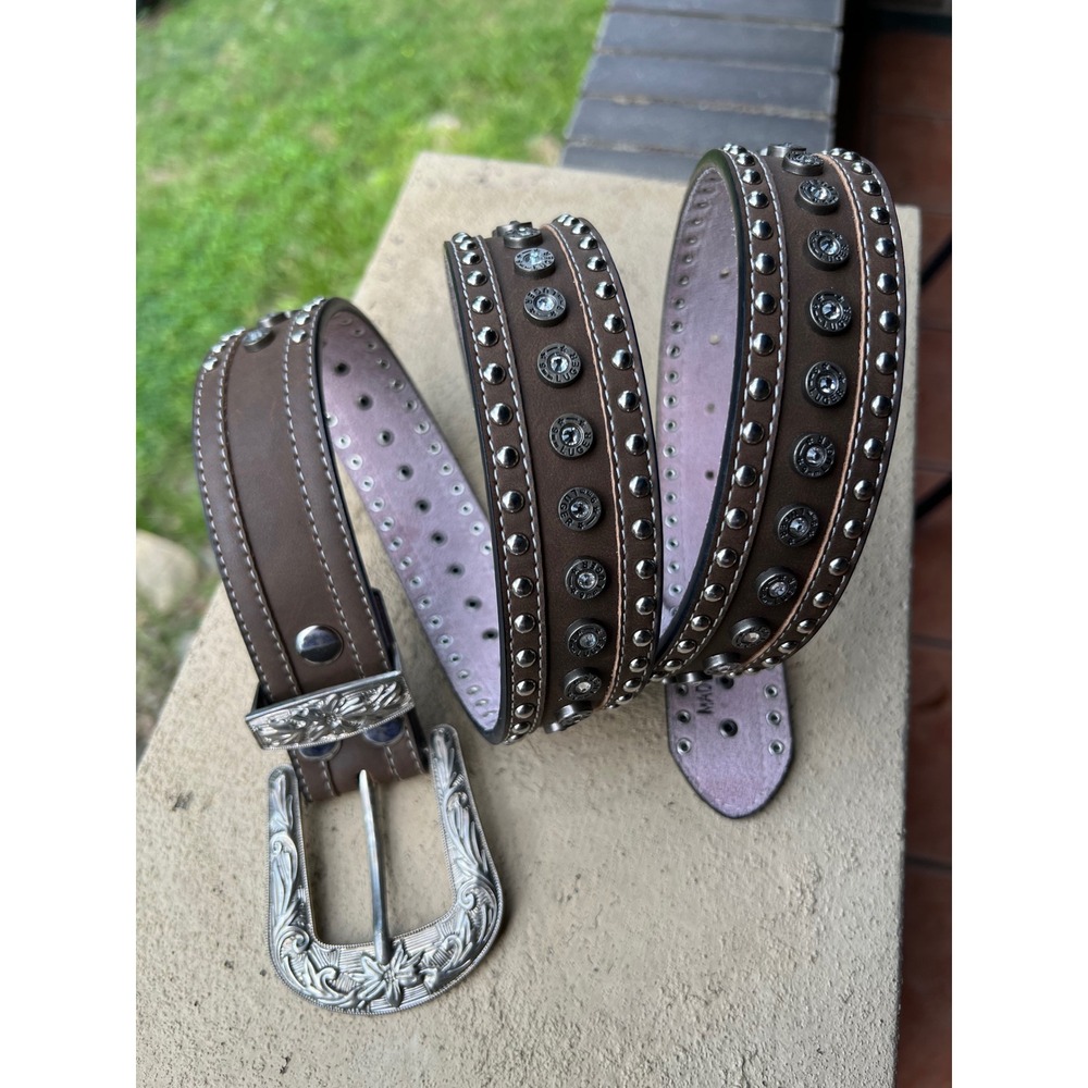 Brown Genuine Leather Western Studded Rhinestone Belt Women's Size XL